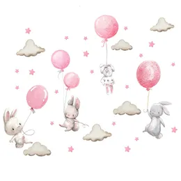 Aquarela Pink Balloon Bunny Cloud Wall Stickers para garotos Decalques de decoração de berçário para crianças meninos e meninas presentes PVC 240429