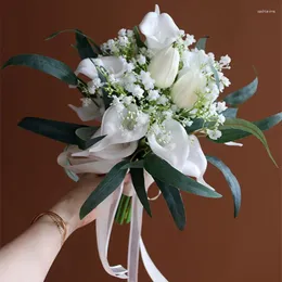 Düğün Çiçekleri Nzuk Calla Lily Çiçek Gelin Buket Broş Broş İpek Şerit Buque de Noiva Para Casamento Mariage