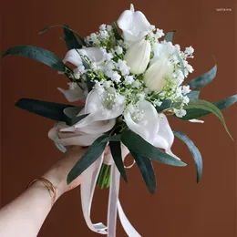 웨딩 꽃 Nzuk Calla 릴리 꽃 신부 부케 브로치 실크 리본 Buque de noiva para casamento mariage