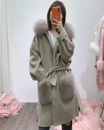 OftBuy Real Fur Coat Winter Jacket Women Natural Fox Fux Fur Collar Pocket Cuffsフードカシミアウールウールウール特大の女性アウター7125448