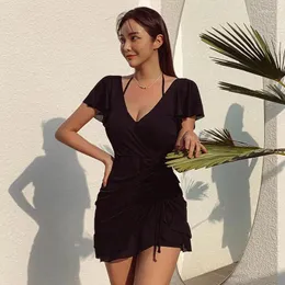 Kadın Mayo 2024 Kadın Tek Parça Mayo Elbisesi Kore Stil Kısa Kol Kapalı Omuz Çırpma Plajı Giyim İnce Mayo Takım Monokini