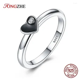 Cluster Rings TONGZHE 925 Silver Black Enamel Heart Ring Women Sterling Love CZ Ringlet Jewelry Wedding Band KLTR151