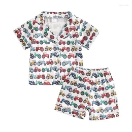 Giyim setleri küçük çocuk çiftlik kıyafetleri karikatür traktör baskı düğmesi aşağı elastik bel şortlu kısa kollu tişört