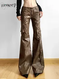 Weekeep Vintage Brown Leather Pants Grunge 2000s Low Rise Pockets Patchwork Baggy Pu Cargo Pants Women Y2k Streetwear Trousers 240424