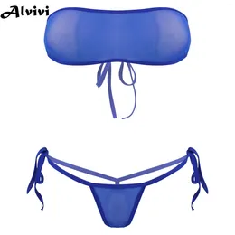 Kadın mayo kadınlar şeffaf örgü bikini tankini seksi iç çamaşırı set askısız sütyen dantel g-string güneş tabanı plaj kıyafeti mayo