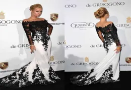 Sexy Sheer Prom Dresses Long Sleeves Illusion Sweep Train Appliques Lace Top Corset Slim See Through Pleats Celebrity E3570586