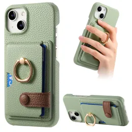 INSERT CASE CASE IPHONE Custodia per telefono Ring Kickstand Multifunzione Lichee Portafoglio in pelle Design Anti Drop Pure Color per iPhone 15 Plus 14 13 12 11 Pro Max X XS