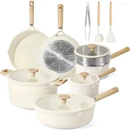 Decorative Figurines Pan Sets For Cooking Pots With Utensils Set Nonstick Cookware 14pcs And Pans Cream White Bar