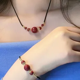 Cinnabar Transfer Bead Pendant Clavicle Chain Network Red Women Pendant Purple Gold Sand Year of Life Necklaceブレスレットセット純粋な手作り