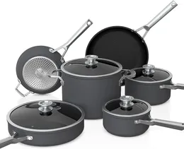 Cookware Sets NeverStick Premium 10 Piece Pots & Frying Pans Set With Glass Lids Nesting Hard Anodized Kitchen Nonstick