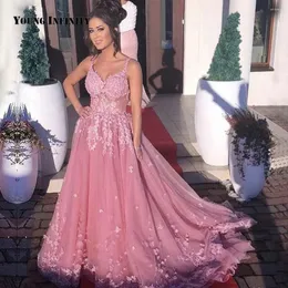 Partykleider schöne Schwächen Mädchen Prom Kleid 2024Pink Spaghetti Gurt Rückenless Chapel Zug Applikationen bodenlange Ballkleid