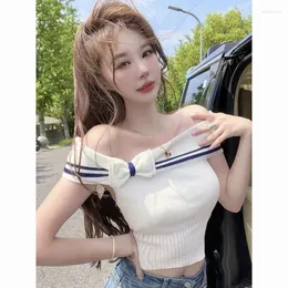 Koszule damskie Slim Off Rampa 2024 Dla kobiet upraw Top Ropa de Mujer Knitted Y2K Striped Graphic Korean T-Shirts Tee