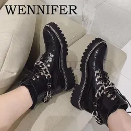 Stövlar Knitting Pull-On Chunky Block Heel Knight Round Toe Metal Chain Patent Leather Ladies Leisure Rock Punk Ankel Botas