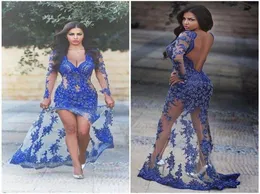 Royal Blue Deep V Neck Evening Dresses Open Back Embroidery Beaded Crystal Side Splits Formal Prom Occasion Party Dress6127230