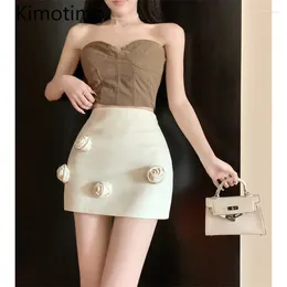 التنانير Kimotimo على الطراز الفرنسي Niche 3D Flowers Mini Skirt Women Summer High High