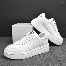 Casual Shoes Korean Style Men Platform LACE-UP Original läder Flat Shoe Andningsvarumärke Designer White Sneakers Mans skor