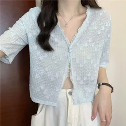 Malhas femininas doces frades de renda up cardigan mulheres verão meia manga protetora solar jaqueta mulher doce cor de chiffon tops coreanos de ombros coreanos