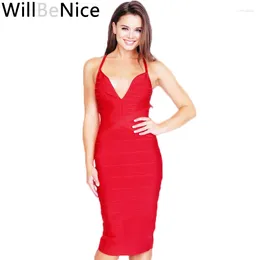 Casual Dresses WillBeNice Sexy Bandage Dress Black Red V Neck Cross Sleeveless Halter Midi 2024 Party