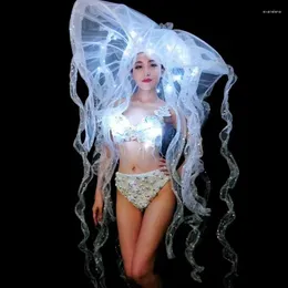 ارتداء المرحلة LED BIG HAT WHITE PEARLS BRA BIKINI Women Costum