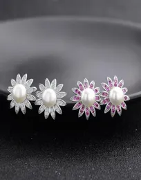 Wholef Moda Popüler Lüks Klasik Tasarımcı Diamond Sun Flower Pearl S925 Kadın için Gümüş Saplama Küpeleri7086654