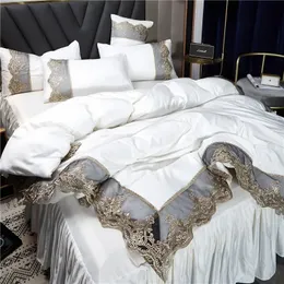 Princess style big lace side bed on fourpiece set washed ice silk skirt white bedspread 240425