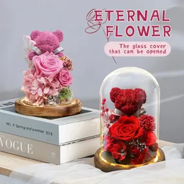 Eternal Preserved Flowers BearFresh Rose Lovely Teddy Bear In GlassWith LED Glowing LightGirlfriend Christmas Valentines Gift 240418