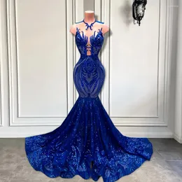 Party Dresses Real Sample Long Prom 2024 Fitted Mermaid Style Sheer Mesh Royal Blue Sparkly Sequined Black Girls Women Gala Gowns