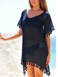 Women Beach Wear Women Chiffon Beachwear Tassel Bikini Cover Up Short Beach Dress Solid See-Through Swimsuit Summer Casual Swimwear d240501