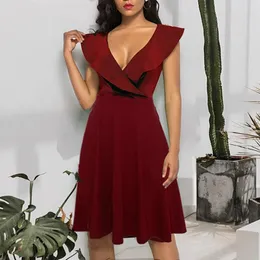 Повседневные платья Missjoy без рукавов V шея Ruffles Bodycon Midi платье Женщины Бохо Красная подружка невесты