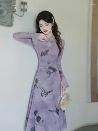 Lässige Kleider Frauen Frühling Cheongsam Elegant Chinese Vintage Printed Ladies Pink Purple Flare Ärmel Temperament Langes Robenkleid