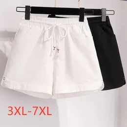 Summer Plus Size Shorts för kvinnor stora avslappnade svartvit breda benfickor bomull elastisk 3xl 4xl 5xl 6xl 7xl 240422