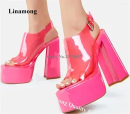 Sandaler linamong Clear PVC Block Heel Sexig Peep Toe Pink Transparent High Platform Chunky Pumps Big Size Party Heels