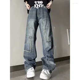 Damskie dżinsy mężczyźni kobiety American High Street Retro Mased Pantalon Fur Edge Multi Pocket Pocket Jean nisza
