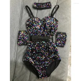 Stage Wear Sexy Colorful Sequins Sling Bodysuit Nightclub Bar Women Club Party Carnival Rave Outfit Team Performance Costume