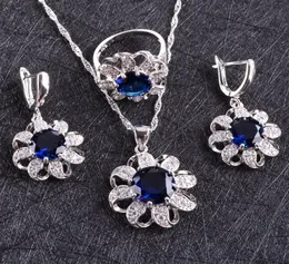 Blue Zircon Kostüm Silber 925 Schmucksets Frauen Ohrringe mit Steinen Armbänder Halsklear Ringe Set Schmuck Geschenkbox CX202282419