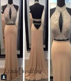 Sparkly Prom Dress New Arrival 2 Two Piece High Neck Beaded Long Backless Prom Gown Evening Stunning Vestidos De Fiesta5732997