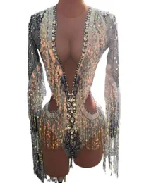 Stage Wear Sparkly Rhines Sequin Fringes Bodysuit Stretch Long Sleeve Dance Leotard Nightclub Singer Costume Party Show9336874