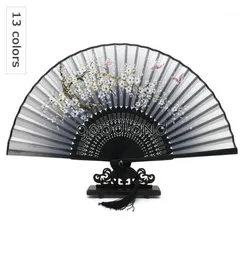 Hela 50pcslot fällbara handfläktstyg Floral Bambu Pocket Fan Mariage Wedding Box Decor16472497