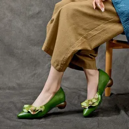 Sapatos casuais birkuir verde salto grosso mulheres mocassins macios de couro genuíno femlae de luxo deslize na ponta pontiaguda de 6 cm de altura bombas