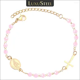 Strand LUXUSTEEL Crystal Beaded Jesus Cross Charm Bracelet Stainless Steel Extender Hand Chain For Women Pink/Blue Summer Beach Jewelry