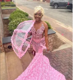Sukienki na imprezę seksowna różowa syrenka balowa sukienka 2024 Glitter Diamante Applique 3D Floral Hafdery Black Girls Vestidos para eventos