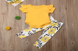 Summer Toddler Kids Baby Girl 03y Kläder Set Ruffles Short Sleeve Yellow Romper Tops Floral Pants Outfits Set Clothes2953721