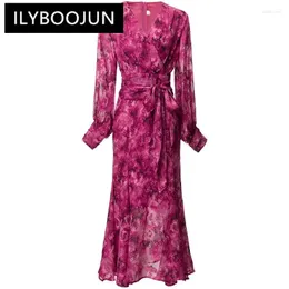 Abiti casual Ilyboojun stilista femminile jacquard jacquard lace-up slim-fit elegante elegante vestito midi con arrotola rosa vintage rosa