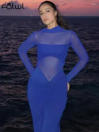 Повседневные платья Habbris Sexy Blue Sote See Then Long Dress Evening Party Clothing для женщин 2024 Осень Зимний рукав Bodycon Maxi