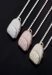 Unique Fashion Design Gold Silver Color Iced Out Bling CZ BIG Schoolbag Pendant Necklace with 24inch Rope Chain For Men Women5893196