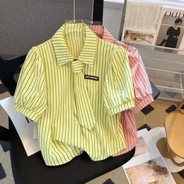 Women's Blouses EBAIHUI Preppy Style Stripe Short Sleeved Shirt Summer French Vintage Ladies Blouse Top With Tie Blusas