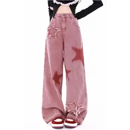Women Różowe dżinsy Listy wydrukowane wysoko w stroju American Street szeroko nogawkowe spodnie Hip-Hop Fashion Retro proste Y2K Winter Pants 240420