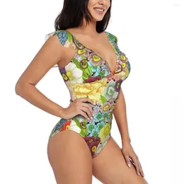 Kvinnors badkläder Sexig One Piece Swimsuit 2024 Kvinnor Floral Colorful Ruffled Monokini Female Bodysuit Girl Beach Bathing Suit