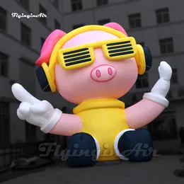 Partihandel stor reklam Uppblåsbar DJ Pig Balloon Concert Stage Decorations Luft Blow Up Cartoon Animal Mascot Pink Piggy med hörlurar för händelse