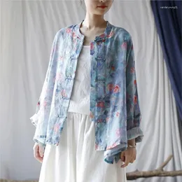 Kvinnors blusar Johnature Women Chinese Style Ramie Shirts and Tops Print Floral Stand Bat Sleeve Button 2024 Spring Vintage